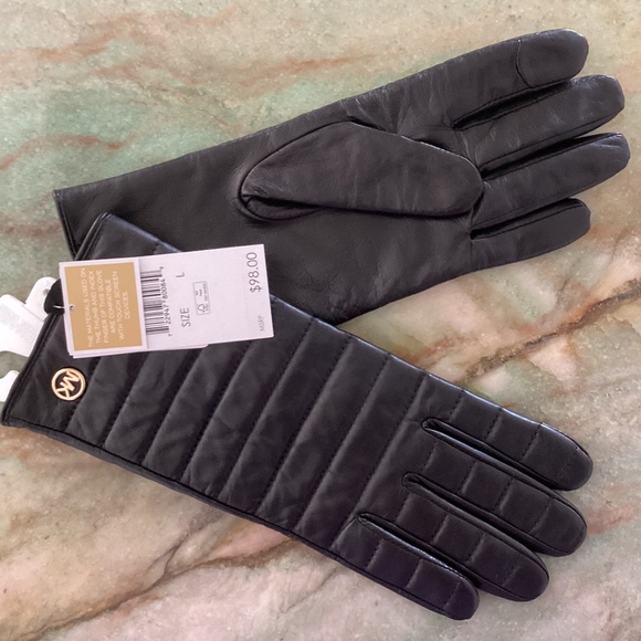 Michael Kors Quilted Leather Tech Gloves Fleece Lined Black Gold MK Logo - Picture 4 of 10